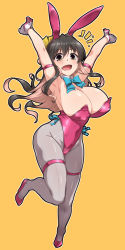 Rule 34 | 1girl, alternate costume, animal ears, armpits, arms up, black hair, blue bow, blue bowtie, blush, bow, bowtie, breasts, cleavage, commentary request, covered erect nipples, covered navel, detached collar, fake animal ears, fang, full body, grey pantyhose, hair between eyes, hair ribbon, highres, kantai collection, large breasts, leotard, long hair, looking at viewer, multicolored hair, naganami (kancolle), open mouth, pantyhose, pink footwear, pink hair, pink leotard, playboy bunny, rabbit ears, revision, ribbon, simple background, solo, strapless, strapless leotard, two-tone hair, wavy hair, wrist cuffs, yellow background, yellow eyes, yoshi tama