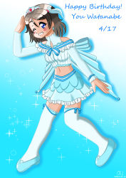 Rule 34 | 1girl, aqua footwear, aqua skirt, aquarium, artist name, artist request, bare shoulders, blue bow, blue eyes, blush, bow, bowtie, breasts, capelet, crop top, detached sleeves, dress, earrings, female focus, frilled capelet, frills, full body, grey hair, hair bow, hair ornament, highres, iinaoushi, jewelry, koi ni naritai aquarium, light brown hair, looking at viewer, love live!, love live! sunshine!!, medium breasts, navel, off-shoulder dress, off shoulder, parted lips, ribbon, salute, shoes, short hair, skirt, small breasts, smile, solo, sparkle, striped bow, striped bowtie, striped clothes, thighhighs, tiara, watanabe you, white bow, white ribbon, white thighhighs