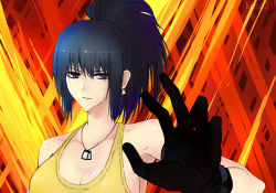 Rule 34 | 1girl, absurdres, blue eyes, blue hair, breasts, cleavage, dog tags, earrings, fire, fire, gloves, highres, jewelry, leona (hearsay142002), leona heidern, looking at viewer, shirt, snk, the king of fighters, the king of fighters xiv, yellow shirt