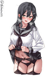 Rule 34 | 1girl, alternate costume, black garter belt, black hair, black neckerchief, black panties, black sailor collar, black skirt, black thighhighs, blush, breasts, clothes lift, collarbone, commentary request, cowboy shot, cropped legs, ebifurya, foreshortening, garter belt, hair between eyes, hair ornament, hairclip, hairpin, heavy breathing, highres, kantai collection, large breasts, lifted by self, long hair, long sleeves, looking at viewer, navel, neckerchief, nervous smile, one-hour drawing challenge, open mouth, oyashio (kancolle), panties, sailor collar, shirt, sidelocks, simple background, skirt, skirt lift, smile, solo, steaming body, stomach, thick thighs, thighhighs, thighs, twitter username, underwear, white background, white shirt, yellow eyes