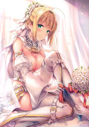 Rule 34 | 10s, 1girl, absurdres, ahoge, bare shoulders, belt, blonde hair, blush, bouquet, breast press, breasts, bridal veil, buckle, center opening, chain, cleavage, closed mouth, curtains, day, detached collar, detached sleeves, falling petals, fate/extra, fate/extra ccc, fate (series), flower, gloves, green eyes, hair bun, hair intakes, head tilt, head wreath, high heels, highres, indoors, jewelry, knee up, large breasts, leotard, light particles, light rays, lock, long sleeves, looking at viewer, nero claudius (bride) (fate), nero claudius (bride) (second ascension) (fate), nero claudius (fate), nero claudius (fate) (all), on floor, ornate ring, padlock, partially unzipped, petals, red ribbon, ribbon, ring, shiny clothes, shiny skin, shirakawako, short hair, sidelocks, sideways glance, single hair bun, sitting, smile, solo, strapless, strapless leotard, sunlight, thigh strap, thighhighs, translucent, veil, wedding ring, white belt, white flower, white footwear, white gloves, white leotard, white thighhighs, wide sleeves, wind, window, zipper pull tab