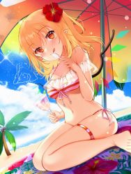 Rule 34 | 1girl, :q, beach, beach umbrella, bikini, dutch angle, flandre scarlet, flower, hair flower, hair ornament, hibiscus, holding, looking at viewer, palm tree, parasol, pointy ears, red umbrella, rimu (kingyo origin), solo, swimsuit, tongue, tongue out, touhou, tree, umbrella, wings