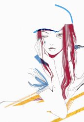 Rule 34 | 1girl, 352, blending, blue nails, commentary, green eyes, hand on own cheek, hand on own face, hat, highres, hyein (newjeans), k-pop, leaning to the side, light frown, long hair, looking at viewer, newjeans, one eye closed, real life, red hair, shirt, simple background, solo, symbol-only commentary, white background, white hat, white shirt