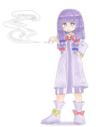 Rule 34 | 1girl, blue bow, blunt bangs, boots, bow, bowtie, bright pupils, cigarette, commentary request, cookie (touhou), dress, flat chest, footwear bow, full body, hair bow, hand on own hip, holding, holding cigarette, kanakamei1, long hair, long sleeves, looking at viewer, medium bangs, patchouli knowledge, purple dress, purple eyes, purple hair, red bow, red bowtie, sharp teeth, sidelocks, simple background, smoke, smoking, solo, standing, striped clothes, striped dress, taisa (cookie), teeth, touhou, v-shaped eyebrows, vertical-striped clothes, vertical-striped dress, white background, white pupils, yellow bow