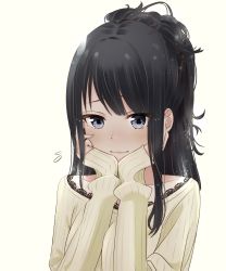 Rule 34 | 1girl, black hair, blue eyes, blush, commentary request, flying sweatdrops, grey sweater, hands on own cheeks, hands on own face, highres, idolmaster, idolmaster shiny colors, kazano hiori, lace-trimmed sweater, lace trim, long hair, long sleeves, looking at viewer, nose blush, ponytail, ribbed sweater, ryouta (ryouta335), sidelocks, simple background, sleeves past wrists, solo, sweater, upper body, wavy mouth, white background