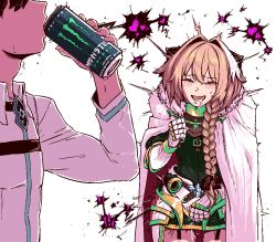 Rule 34 | 2boys, armor, astolfo (fate), blush, braid, can, cape, clenched hand, commentary, drinking, energy drink, english commentary, fate/grand order, fate (series), fujimaru ritsuka (male), garter straps, gauntlets, hair between eyes, heart, holding, holding can, kingbawoon, long hair, long sleeves, male focus, meme, monster energy, multicolored hair, multiple boys, orange eyes, pink hair, saliva, simple background, single braid, sweat, trap, white background, white hair