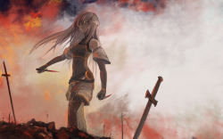 Rule 34 | 1girl, bare shoulders, bracelet, detached sleeves, dual wielding, fire, holding, ichi inaru, jewelry, knife, looking at viewer, mono2501, original, pointy ears, smoke, solo, sword, weapon, white hair