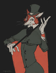 Rule 34 | animal ears, ascot, black background, cane, cape, fox, fox ears, furry, furry male, gloves, hat, highres, holding, holding cane, honest john (disney), looking at viewer, male focus, nagabe, pinocchio, red eyes, signature, smirk, solo, solo focus, top hat