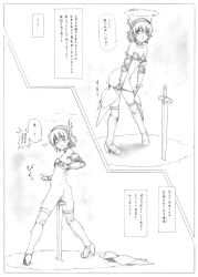 Rule 34 | 1girl, armor, ass, bikini armor, bikini pull, boots, bottomless, bridal gauntlets, clothes pull, collarbone, female masturbation, gauntlets, graphite (medium), greyscale, halo, harumachi nagaaki, high heel boots, high heels, highres, masturbation, md5 mismatch, monochrome, navel, object insertion, original, planted, planted sword, planted weapon, pulling own clothes, resolution mismatch, short hair, simple background, solo, source larger, standing, sword, traditional media, translation request, trembling, undressing, weapon, weapon insertion