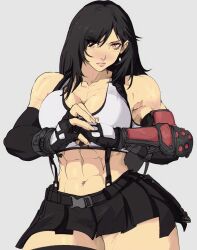 Rule 34 | 1girl, abs, black gloves, black hair, black skirt, clenched hands, earrings, elbow gloves, final fantasy, final fantasy vii, final fantasy vii remake, fingerless gloves, gloves, highres, jewelry, long hair, looking at viewer, midriff, muscular, muscular female, navel, own hands together, simple background, skirt, solo, suspender skirt, suspenders, tank top, thighhighs, tifa lockhart, upper body, very long hair, white background, white tank top, yoracrab, zettai ryouiki
