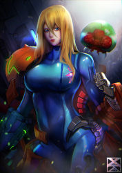 Rule 34 | 1girl, absurdres, alien, arm cannon, armor, blue bodysuit, blue eyes, bodysuit, breasts, curvy, hair down, highres, large breasts, lips, long hair, metroid, metroid (creature), mole, mole under mouth, neon trim, nintendo, nose, power armor, red lips, samus aran, skin tight, solo focus, undressing, varia suit, weapon, xuuikie ashe, zero suit