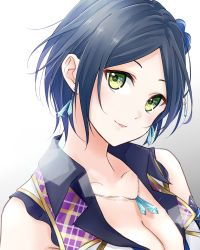 Rule 34 | 1girl, aoyashio rin, black hair, blue bow, bow, breasts, cleavage, collarbone, earrings, green eyes, hair bow, hayami kanade, head tilt, idolmaster, idolmaster cinderella girls, jewelry, looking at viewer, medium breasts, necklace, parted bangs, parted lips, portrait, short hair, sleeveless, solo, sparkle, white background