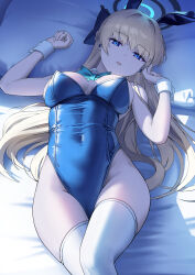 Rule 34 | 1girl, absurdres, animal ears, aqua bow, aqua bowtie, bare hips, bare shoulders, blonde hair, blue archive, blue eyes, blue leotard, bow, bowtie, braid, breasts, breasts apart, cameltoe, covered navel, cowboy shot, fake animal ears, french braid, glowing, glowing halo, hair bow, halo, hands up, highleg, highleg leotard, highres, leotard, linea alba, long hair, looking at viewer, lying, lzmke, medium breasts, night, on back, open mouth, pillow, playboy bunny, rabbit ears, ringed eyes, solo, strapless, strapless leotard, taut leotard, thighhighs, toki (blue archive), toki (bunny) (blue archive), white thighhighs, wrist cuffs