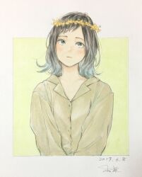 Rule 34 | 1girl, :/, black eyes, black hair, blue hair, border, brown shirt, closed mouth, dated, hair flaps, head wreath, highres, light blue hair, long sleeves, looking away, looking up, matsunoha, multicolored hair, open collar, original, shirt, short hair, signature, solo, traditional media, two-tone hair, upper body, white border, yellow background