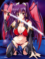 Rule 34 | 1girl, barefoot, breasts, cameltoe, cleavage, comic unreal, covered erect nipples, cum, demon girl, earrings, elbow gloves, gloves, highres, jewelry, large breasts, natsuka qya, original, purple hair, red eyes, solo, sword, tail, toeless legwear, toes, twintails, weapon, wings