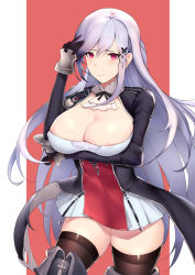 Rule 34 | 1girl, areola slip, azur lane, black gloves, black thighhighs, blush, boots, breasts, center opening, cleavage, coat, covered erect nipples, cowboy shot, dress, dunkerque (azur lane), embarrassed, enico, gloves, hair ornament, highres, large breasts, long hair, long sleeves, looking at viewer, magenta eyes, purple eyes, red background, short dress, silver hair, simple background, solo, thigh boots, thighhighs, thighs, zettai ryouiki