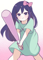 Rule 34 | 1girl, aubrey (headspace) (omori), aubrey (omori), baseball bat, blush, bow, bright pupils, closed mouth, collarbone, crying, crying with eyes open, doroidsan, dress, gradient background, green dress, hair between eyes, hair bow, holding, holding baseball bat, long hair, looking ahead, omori, pink background, pink bow, purple eyes, purple hair, short sleeves, solo, tears, v-shaped eyebrows, white background, white pupils