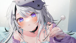 Rule 34 | 1girl, :o, absurdres, bare shoulders, blindfold, blindfold lift, blush, dot nose, hair ornament, highres, indie virtual youtuber, indoors, looking at viewer, lying, on bed, on stomach, pome charo, purple eyes, purple shirt, shirt, solo focus, square pupils, variant set, x hair ornament