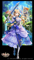 Rule 34 | 1girl, armor, blonde hair, blue eyes, blue sky, breasts, building, cloud, dress, elbow gloves, female focus, flower, full body, gloves, hair ornament, highres, holding, holding weapon, long hair, looking at viewer, puffy sleeves, short sleeves, sky, solo, standing, sword, tree, very long hair, weapon, white gloves, window