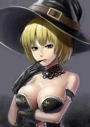 Rule 34 | 1girl, alexmaster, bare shoulders, blonde hair, breasts, cleavage, corset, finger to mouth, gloves, hat, highres, large breasts, original, short hair, solo, witch hat, yellow eyes
