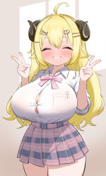 1girl absurdres ahoge blonde_hair blush bow bowtie breasts bursting_breasts cleavage closed_eyes curvy double_v grin hair_ornament hairclip highres hololive horns huge_breasts kani_bonara large_breasts long_hair pink_bow pink_bowtie school_uniform sheep_girl sheep_horns shirt skirt smile solo thick_thighs thighs tsunomaki_watame tsunomaki_watame_(school_uniform) v virtual_youtuber white_shirt