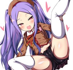Rule 34 | 1girl, ass, bad id, bad twitter id, black panties, brown shirt, brown skirt, cameltoe, cleft of venus, crime prevention buzzer, fate/grand order, fate (series), hat, leg lift, leg up, long hair, midriff, naughty face, navel, open mouth, panties, presenting, purple eyes, purple hair, school uniform, serafuku, shiki (catbox230123), shirt, sitting, skirt, smile, solo, spread legs, thighhighs, twintails, underwear, white thighhighs, wu zetian (fate)