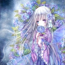 Rule 34 | 1girl, blue eyes, blue nails, bow, butterfly wings, commentary request, flower, frilled sleeves, frills, hair bow, hair flower, hair ornament, heterochromia, himemurasaki, holding, holding flower, hydrangea, insect wings, japanese clothes, long hair, looking at viewer, nail polish, original, purple eyes, smelling flower, solo, very long hair, white hair, wide sleeves, wings