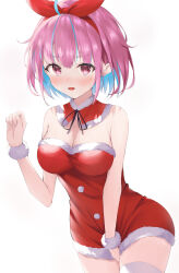 Rule 34 | 1girl, absurdres, ahoge, bare shoulders, black ribbon, blush, bob cut, breasts, christmas, cilu shinomori, cleavage, colored inner hair, cuffs, detached collar, dress, dress tug, dyed ahoge, hair scarf, highres, hololive, large breasts, looking at viewer, minato aqua, multicolored hair, open mouth, pink eyes, pink hair, red dress, red scarf, ribbon, santa dress, scarf, simple background, solo, strapless, strapless dress, streaked hair, thighhighs, thighs, tube dress, two-tone hair, virtual youtuber, white background, white thighhighs