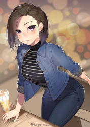 Rule 34 | 1girl, alcohol, arm behind back, beer, blush, breasts, brown eyes, brown hair, collared jacket, denim, denim jacket, highres, jacket, jeans, kagematsuri, large breasts, long sleeves, looking at viewer, medium breasts, mole, mole under mouth, open clothes, open jacket, original, outdoors, pants, parted lips, short hair, sleeves rolled up, solo, standing, twitter username