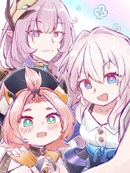 Rule 34 | 3girls, animal ear fluff, animal ears, artist name, beret, black corset, black headwear, blue eyes, blue jacket, blush, buttons, cat ears, cat girl, closed mouth, collarbone, color connection, company connection, corset, diona (genshin impact), earrings, elysia (honkai impact), genshin impact, green eyes, hair between eyes, hair color connection, hair ornament, hat, highres, honkai: star rail, honkai (series), honkai impact 3rd, interlocked fingers, jacket, jewelry, lkcloudelion, looking at viewer, march 7th (honkai: star rail), mihoyo, multiple girls, open mouth, own hands together, pink eyes, pink hair, selfie, shirt, single earring, smile, tied jacket, two-tone eyes, voice actor connection, white shirt