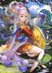 Rule 34 | anklet, barefoot, feet, forehead jewel, hair ornament, hand fan, headdress, japanese clothes, jewelry, kimono, lily pad, long hair, nature, official art, original, petals, short kimono, sitting, soles, solo, water, white hair, xiaji