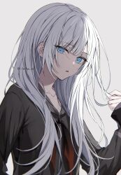 Rule 34 | 1girl, black neckerchief, blue eyes, blunt bangs, collarbone, commentary, gradient neckerchief, grey background, grey hair, grey hoodie, hand in own hair, highres, hood, hoodie, long hair, looking at viewer, neckerchief, open mouth, project sekai, red neckerchief, seina1211, sidelocks, signature, simple background, solo, yoisaki kanade