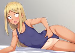 Rule 34 | 10s, 1girl, alfort (may0508), arm support, blonde hair, blush, breasts, clothes pull, dagashi kashi, earrings, endou saya, fang, gluteal fold, hair ornament, hairclip, jewelry, long hair, looking at viewer, lying, on side, one-piece swimsuit, one-piece swimsuit pull, one-piece tan, open mouth, partially visible vulva, school swimsuit, small breasts, solo, swimsuit, tan, tanline, thigh gap
