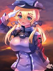 Rule 34 | 1girl, aqua eyes, blonde hair, blush, breasts, cowboy shot, gloves, grey hat, hair between eyes, hat, highres, kantai collection, large breasts, long hair, long sleeves, low twintails, military, military uniform, o-sirius, open mouth, peaked cap, prinz eugen (kancolle), smile, solo, twintails, uniform, white gloves