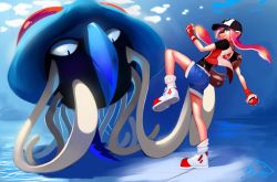 Rule 34 | 1girl, :/, ankle boots, artist logo, blue shorts, boots, caustics, closed mouth, commentary, creatures (company), cross-laced footwear, crossover, day, denim, denim shorts, english commentary, fingerless gloves, game freak, gen 1 pokemon, gloves, highres, holding, holding poke ball, inkling, inkling girl, inkling player character, lace-up boots, light rays, long hair, looking at viewer, loose socks, mask, nintendo, pink hair, pointy ears, poke ball, poke ball (basic), pokemon, pokemon (creature), serious, shnider, shoe soles, short hair with long locks, short shorts, short sleeves, shorts, sideways mouth, socks, standing, standing on one leg, submerged, sunbeam, sunlight, tentacle hair, tentacruel, throwing poke ball, twintails, underwater, white footwear, white legwear