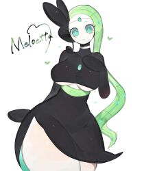 Rule 34 | 1girl, absurdres, bare legs, black dress, blue eyes, blush, breasts, chest jewel, colored skin, creatures (company), dress, game freak, gen 5 pokemon, green hair, hand on own chest, heart, highres, large breasts, legendary pokemon, long hair, looking at viewer, meloetta, musical note, mythical pokemon, nintendo, pokemon, pokemon (creature), side slit, thick thighs, thighs, togetoge, underboob, very long hair, white skin, wide hips