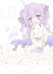 Rule 34 | 1girl, ahoge, artist name, azur lane, black bow, blush, bow, character name, covering own mouth, dress, fujieda miyabi, gown, holding, holding stuffed toy, hugging object, long hair, pale color, purple eyes, purple hair, simple background, sitting, solo, stuffed animal, stuffed toy, stuffed unicorn, stuffed winged unicorn, two side up, unicorn (azur lane), white background, white dress