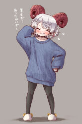 Rule 34 | 1girl, alternate costume, animal slippers, arinu, black pantyhose, blue sweater, blush, casual, closed eyes, collarbone, commentary, curled horns, dot nose, earrings, facing viewer, full body, grey background, grin, hair ornament, hairclip, hand in own hair, hand on own hip, heart, highres, horns, jewelry, legs apart, long sleeves, oversized clothes, pantyhose, pointy ears, red horns, sharp teeth, sheep horns, short hair, simple background, sleeves past wrists, slippers, smile, solo, standing, sweater, teeth, touhou, toutetsu yuuma, translated, white hair