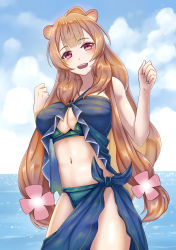 Rule 34 | 1girl, absurdres, animal ears, bare shoulders, bikini, blue bikini, blue sky, blush, breasts, brown hair, cleavage, cloud, cowboy shot, day, der zweite, frills, highres, large breasts, looking at viewer, navel, ocean, open mouth, ponytail, purple eyes, raccoon ears, raccoon girl, raccoon tail, raphtalia, sarong, sky, smile, solo, swimsuit, tail, tate no yuusha no nariagari