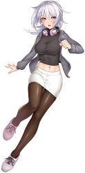 Rule 34 | 1girl, action taimanin, amamiya shisui, ass, breasts, brown eyes, feet, female focus, full body, headphones, highres, jacket, lilith-soft, long sleeves, medium breasts, midriff, miniskirt, navel, off shoulder, official art, open clothes, open jacket, open mouth, outdoors, panties, panties under pantyhose, pantyhose, sano toshihide, shoes, unworn shoes, simple background, single shoe, skirt, sleeves past wrists, sneakers, solo, taimanin (series), taimanin asagi kessen arena, taimanin rpgx, turtleneck, underwear, white background, white hair