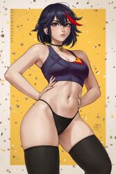 Rule 34 | 1girl, anniversary, black hair, black panties, black thighhighs, blue eyes, border, breasts, cleavage, closed mouth, confetti, cowboy shot, hands on own hips, highres, kill la kill, lips, looking at viewer, matoi ryuuko, medium breasts, multicolored hair, navel, panties, red hair, sciamano240, short hair, skindentation, solo, sports bra, stomach, streaked hair, thighhighs, thighs, two-tone hair, underwear, white border