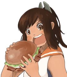 Rule 34 | 1girl, blush stickers, brown eyes, brown hair, burger, eating, food, gyorui (amezari), hair ornament, hairclip, i-401 (kancolle), kantai collection, open mouth, orange sailor collar, oversized food, oversized object, ponytail, sailor collar, sailor shirt, shirt, short hair, short ponytail, simple background, solo, teeth, upper teeth only, white background