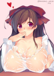 Rule 34 | 10s, 1girl, artist name, blush, bow, breasts, brown hair, covering own mouth, cum, cum in mouth, cum on body, cum on breasts, cum on upper body, facial, hair bow, heart, highres, huge breasts, kantai collection, long hair, mamiya (kancolle), obiwan, purple eyes, see-through, see-through silhouette, simple background, solo