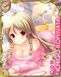 Rule 34 | 1girl, ass, bedroom, blonde hair, bottomless, breasts, card, character name, cleavage, closed mouth, day, girlfriend (kari), hair ornament, hairclip, indoors, kohinata ichigo, laying in bed, long hair, lying, official art, on stomach, pink sweater, qp:flapper, red eyes, smile, sweater, tagme
