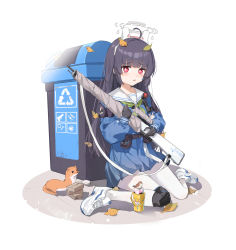 Rule 34 | 1girl, absurdres, animal, animal ears, bird, black gloves, black hair, blue archive, blue dress, bolt action, chenmu sora, dress, fake animal ears, full body, gloves, gun, halo, headband, highres, holding, holding gun, holding weapon, knee pads, leaf, leaf on head, long hair, long sleeves, looking at viewer, miyu (blue archive), mosin-nagant, open mouth, pantyhose, pink eyes, rabbit ears, rifle, sailor collar, school uniform, shoes, simple background, single knee pad, sitting, sneakers, sniper rifle, solo, trash can, wariza, weapon, weasel, white background, white footwear, white pantyhose