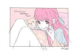 Rule 34 | absurdres, blue shirt, border, dated, drawing tablet, highres, knees, long hair, pink eyes, pink hair, rin (shelter), shelter (song), shirt, signature, sitting, smile, solo, stuffed animal, stuffed toy, taisos, teddy bear, text focus
