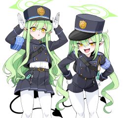 Rule 34 | 2girls, belt, black belt, black hat, black jacket, black shorts, black skirt, black tail, blue archive, blush, buttons, demon tail, double-breasted, feet out of frame, freedom (aass5404), gloves, green hair, green halo, hair between eyes, halo, hat, hikari (blue archive), nozomi (blue archive), highres, jacket, long hair, long sleeves, multiple girls, open mouth, pantyhose, parted lips, peaked cap, pleated skirt, pointy ears, shorts, sidelocks, simple background, skirt, smile, tail, twintails, white background, white gloves, white pantyhose, yellow eyes