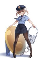 Rule 34 | 1girl, :&lt;, absurdres, alternate costume, black footwear, black pantyhose, blue hat, blue necktie, blue shirt, blue skirt, blush, breast pocket, brown hair, closed mouth, collared shirt, commentary, crime prevention buzzer, full body, hair ornament, hat, highres, indie virtual youtuber, kaiwa, legs apart, looking at viewer, necktie, oversized object, pantyhose, pencil skirt, pocket, police, police hat, police uniform, policewoman, pom pom (clothes), pom pom hair ornament, shadow, shigure ui (vtuber), shirt, shirt tucked in, short hair, short sleeves, simple background, skirt, solo, standing, symbol-only commentary, twintails, uniform, virtual youtuber, white background