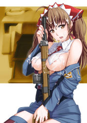 Rule 34 | 00s, 1girl, ahoge, alicia melchiott, between breasts, breasts, brown eyes, brown hair, cum, cum on body, cum on breasts, cum on clothes, cum on hair, cum on upper body, facial, gun, hairband, inue shinsuke, large breasts, long hair, military, military uniform, necktie, nipple slip, nipples, no bra, off shoulder, open clothes, open mouth, open shirt, senjou no valkyria, senjou no valkyria (series), senjou no valkyria 1, shirt, sitting, skirt, solo, thighhighs, torn clothes, twintails, underboob, uniform, weapon