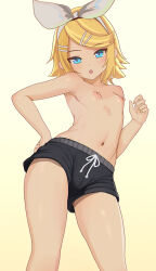Rule 34 | 1girl, :o, aruman, black shorts, blonde hair, blue eyes, bow, breasts, commentary, contrapposto, cowboy shot, from below, gradient background, hair bow, hair ornament, hairband, hairclip, hand on own thigh, hand up, highres, kagamine rin, looking at viewer, looking down, navel, nipples, paid reward available, shorts, simple background, small breasts, swept bangs, topless, upshorts, variant set, vocaloid, white bow, yellow background, yellow nails